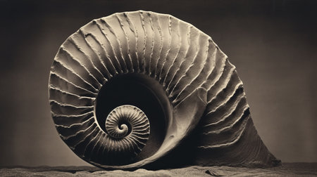 the spiral shell rests gracefully atop the sandy surface, reminiscent of monochromatic masterpieces. captured with a graflex speed graphic, this photograph showcases the shell's monumental form in the style of grisaille. a stunning national geographic photo, it evokes the essence of paleocore and detailed botanic studies. ai generatedの素材