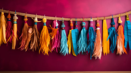 colorful paper mexican national streamers and banners are beautifully arranged in this thanksgiving elements decorations photo. the intricate woodwork style adds a touch of elegance, making it a perfect background for cards, weddings, or parties. inspired by folklore, this minimalist still life captures the lively tableaus of mexican traditions. the vibrant colors and subtle details create a stunning visual representation of transavanguardia in color photography.の素材