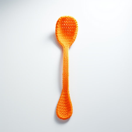 a spoon with an orange handle is placed on a gray surface. the spoon has a unique design resembling woven perforations, created using zbrush software. made of plastic, this spoon is an artistic creation by miki asai and lucy glendinning. the photograph captures the repetitive pattern and details of the spoon, taken using a long lens. ai generatedの素材