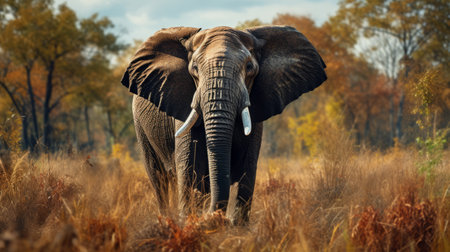 an elephant with dark fur and no spots is captured in a side profile close-up as it runs through a tilled wisconsin field. the photograph is beautifully color graded and showcases dramatic lighting, with extreme details and sharp focus. shot on a 70mm lens, the image exhibits a cinematic quality and depth of field, creating a hyper-detailed and visually stunning composition. ai generatedの素材