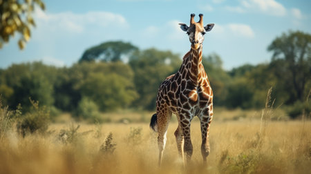 a running giraffe with dark fur and no spots is captured in a side profile close-up. the photo showcases the giraffe's medium-sized body frame and 8-point antlers. the image is beautifully color-graded and shot with extreme details, creating a cinematic effect. the use of depth of field and natural lighting adds to the dramatic atmosphere. ai generatedの素材