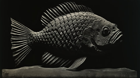 a black and white photo of a fish sitting on a table, reminiscent of mesopotamian art. the photo showcases dark gray and bronze tones, with sculptural reliefs and realist details. the illuminated visions of stone sculptures are captured in this low-resolution image. ai generatedの素材