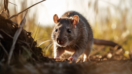 a rat with dark fur and no spots is captured in a side profile close-up as it runs through a tilled wisconsin field. the photo is beautifully color graded and showcases dramatic lighting, with extreme details and sharp focus. shot on a 70mm lens, the image exhibits cinematic qualities and depth of field, creating a hyper-detailed and visually stunning composition. ai generatedの素材