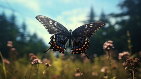 a butterfly with dark fur and no spots is captured in a side profile close-up as it runs through a tilled wisconsin field. the photo is a full shot with dramatic, sharp focus and extreme details. it has been beautifully color graded and showcases intricate details. the lighting is moody and cinematic, adding to the overall aesthetic. this hyper-detailed and beautifully color-coded image is aの素材