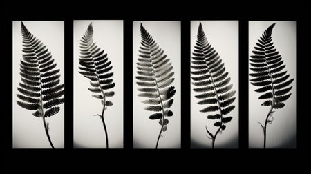 black and white photos of fern leaves, in four different sizes, capture the graceful balance and intricate details. inspired by the style of graflex speed graphic, these images create an illusion of three-dimensionality. with a touch of australian tonalism, these multi-panel compositions evoke the captivating beauty found in national geographic photos. ai generatedの素材