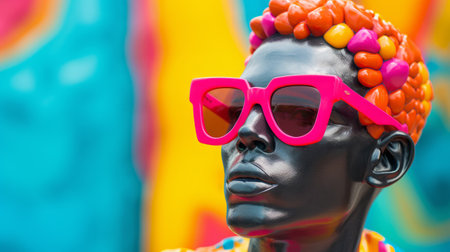 a girl wearing a vibrant, colorful wig and red sunglasses stands out in this photo. the bright sculptures in the background add an african influence to the scene. captured in 32k uhd, the light black and pink color palette creates a saturated and bold color scheme. this street scene is filled with vibrant colors, creating a captivating and eye-catching image. ai generatedの素材
