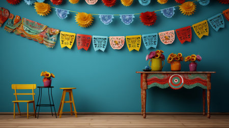 colorful paper mexican national standard and banner are the oktoberfest elements decorations in this photo. the intricate woodwork style, minimalist still life, and vibrant color photography pioneer a lively tableau. inspired by folklore, this subtle and transavanguardia background is perfect for cards, weddings, or parties. ai generatedの素材