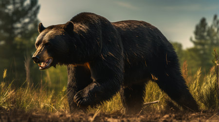 a bear with dark fur and no spots is seen running through a tilled wisconsin field in this close-up, side profile shot. the photo is beautifully color graded and showcases extreme details, with a dramatic and sharp focus. shot on a 70mm lens, the image captures the bear's medium-sized body frame and 8 point antlers with incredible clarity. the overall effect is cinematic and hyper-detailed,の素材