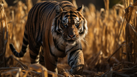 a tiger with dark fur and no spots is seen running through a tilled wisconsin field in this close-up, side profile photograph. the image is centered on the tiger's entire body, with dramatic and sharp focus, capturing extreme details. the photo is beautifully color graded and showcases intricate details, creating a hyper-realistic and cinematic effect. ai generatedの素材