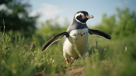 a penguin with dark fur and no spots is seen running through a tilled wisconsin field in this dramatic, sharp-focused photograph. the medium-sized body frame and 8-point antlers are captured in extreme detail, with the entire body centered on the screen frame. the image is beautifully color-graded and showcases intricate details, creating a hyper-realistic and cinematic effect. ai generatedの素材