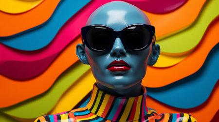 a mannequin wearing sunglasses stands in front of a vibrant and abstract scenery. the artwork features bold lines, dynamic colors, and photorealistic portraits. it is influenced by the neo-plasticist movement and showcases softbox lighting. the composition includes stripes and shapes, creating a close-up intensity. the overall effect is reminiscent of futuristic chromatic waves. ai generatedの素材