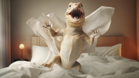 a lizard showcasing layered gestures, jumps up and down on a crumpled, light pink and beige bed. this photo captures the inventive character designs in a style reminiscent of photo-realistic hyperbole, resembling a national geographic photo or a movie still. ai generatedの素材