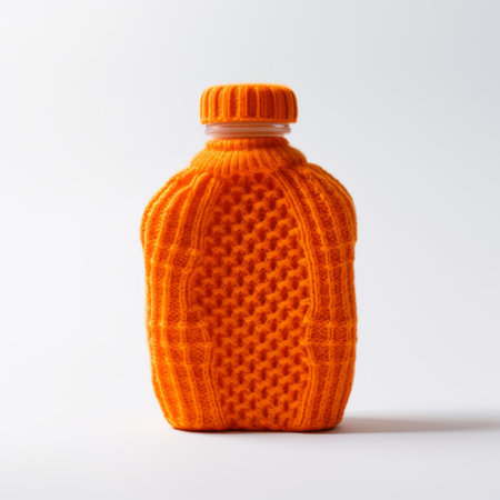 an orange knitted bottle cover with orange lining, showcasing a conceptual minimalism style. this unique piece is inspired by mote kei and redscale film, creating a monochromatic depth. made of cheese, it features a solarization effect against a clean white background. ai generatedの素材