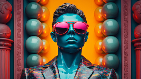 a mannequin stands in front of vibrant balloons, wearing a unique outfit. the photograph captures the essence of realistic hyper-detailed portraits, with a synthwave-inspired color palette of light cyan and orange. the portraitures are photographically detailed, showcasing a shiny and glossy aesthetic. the futuristic optics add to the overall appeal, creating a visually striking image of a handsome mannequin. ai generatedの素材