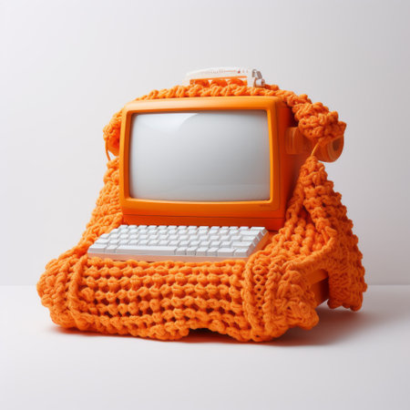 a bag is placed over a knitted orange dress on a table, creating a visually striking composition reminiscent of early computer art. this modular sculpture draws inspiration from the works of renowned artists such as john wilhelm, patricia piccinini, and keith carter. the kawaii aesthetic adds a touch of charm to this unique piece, showcasing the artist's diverse influences. explore more of their captivating creationsの素材