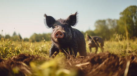 a pig with dark fur and no spots is seen running through a tilled wisconsin field in this dramatic, sharp-focused photograph. the medium-sized body frame and 8-point antlers are captured in extreme detail, with the entire body centered on the screen frame. the photo showcases cinematic color grading, depth of field, and beautifully color-coded details. shot on a 70mm lens with natural lighting, the imageの素材