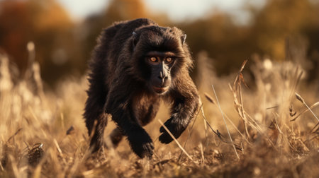 a monkey with dark fur and no spots is seen running through a tilled wisconsin field in this dramatic, sharp-focused photograph. the medium-sized monkey has a side profile close-up, with its entire body centered on the screen frame. the image is beautifully color-graded and showcases extreme details, giving it a cinematic feel. ai generatedの素材