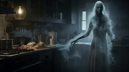 a ghostly ghost in the kitchen, capturing the haunting essence of the past. this realistic hyper-detailed rendering, with a resolution of 3840x2160, showcases a mist-formed apparition. the photo, reminiscent of national geographic's quality, features a meticulously designed character with a witchcore aesthetic. a mesmerizing 8k image that brings the supernatural to life. ai generatedの素材