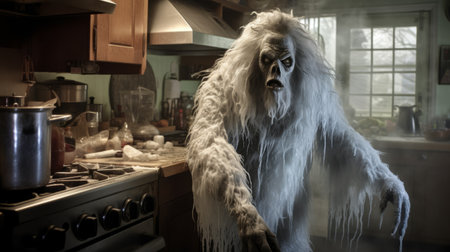 a white creature, resembling an alex petruk ape, is seen standing next to a stove in a kitchen. this national geographic-style photo captures the creature's strange outfit and mist-like appearance. the image has elements of manapunk and asher brown durand, with a touch of rtx on technology. ai generatedの素材