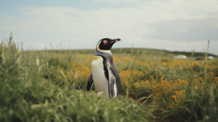 a penguin with dark fur and no spots is seen running through a tilled wisconsin field in this close-up side profile shot. the photo is beautifully color graded and showcases extreme details with a dramatic and sharp focus. shot on a 70mm lens, it captures the penguin's medium-sized body frame and 8 point antlers with incredible clarity. the overall effect is cinematic and hyper-detailed, makingの素材
