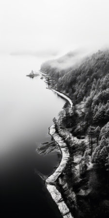 aerial view of a foggy winter day, showcasing a black and white image of trees and a lake. this photograph, captured with a hasselblad h6d-400c, draws inspiration from the vancouver school and traditional chinese landscape art. the composition beautifully juxtaposes hard and soft lines, reminiscent of the coastal scenery often depicted by thomas kinkade. ai generatedの素材