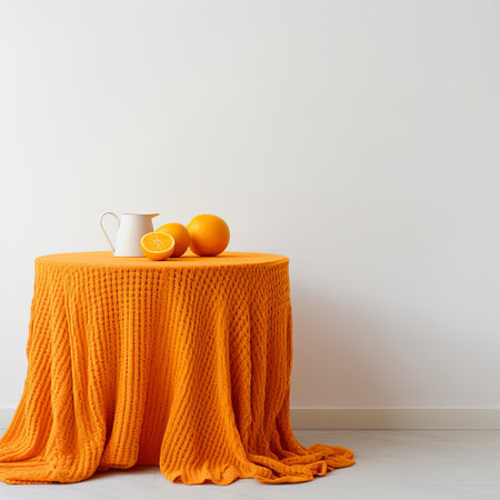 the tablecloth in the photo is a bright orange color, resembling hyperrealistic still lifes. it showcases warmcore aesthetics with a touch of minimalist conceptualism. the texture appears knitted and crocheted, adding depth to the overall design. the light yellow accents and porcelain elements complement the monochromatic scheme. ai generatedの素材