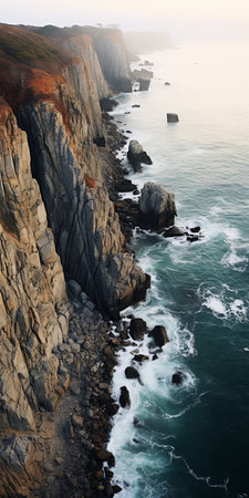 a rocky cliff adorned with brown rocks and cascading water, captured in the style of romantic seascapes by iber camargo for national geographic. the photo showcases a mesmerizing blend of light emerald and orange hues, taken from a birds-eye-view perspective. the detailed backgrounds add depth and intrigue to this captivating image, shot with a ricoh gr iii. ai generatedの素材