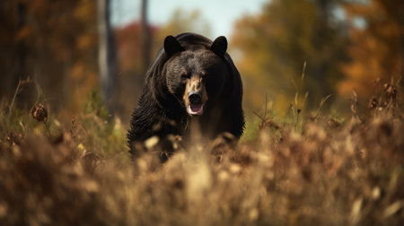 a bear with dark fur and no spots is seen running through a tilled wisconsin field in this close-up, side profile photograph. the image is centered on the bear's entire body, with dramatic, sharp focus and extreme details. the photo is beautifully color graded and shot using a 70mm lens, creating a cinematic effect. the lighting is natural and moody, adding to the overall atmosphereの素材