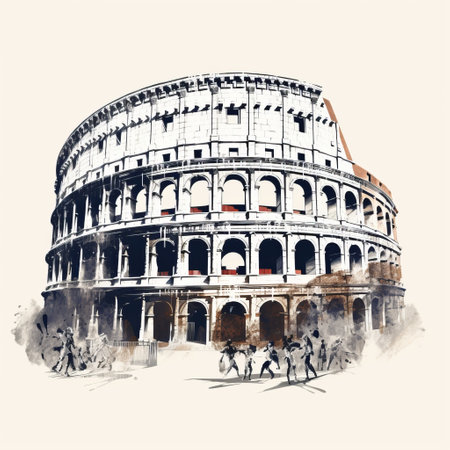 a colosseum in rome, italy, depicted in an artful illustration. this sketch showcases a unique style with light gray and dark brown tones, incorporating split toning techniques. the mid-century illustration features angular brushstrokes, creating a heroic and dynamic effect. the composition resembles a cyclorama, reminiscent of chinese watercolor paintings. ai generatedの素材