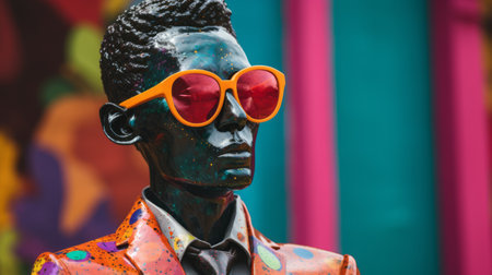 a statue wearing sunglasses stands out with its vibrant colorism and colorful futurism style. created by an object portraiture specialist, this artwork showcases vibrant worlds and african influence. the statue's costume and fashion are meticulously detailed, with a captivating combination of dark cyan and amber hues. ai generatedの素材
