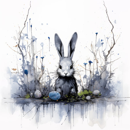 an easter-themed image featuring a minimalist ink drawing style by tsutomu nihei. the artwork showcases a vanishing point on white paper, with dynamic one-line art and watercolor splashes incorporated as complementary elements. this high-quality, 4k image captivates with its high level of detail. ai generatedの素材