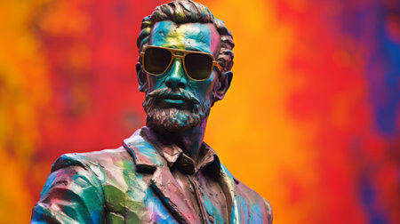 a portrait of lincoln statue with vibrant pop art influences, featuring explosive pigmentation and a matte finish. the statue showcases a figura serpentinata pose, with selective focus highlighting its liquid metal composition. this oil portraitures captures the essence of lincoln's iconic image in a unique and contemporary way. ai generatedの素材