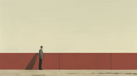 a man in a suit stands next to a vibrant red wall in this minimalist landscape illustration. the image captures the essence of raw street photography with its high horizon lines and muted tones. the surrealism adds an intriguing touch to the scene, while the 8k resolution ensures stunning detail and clarity. ai generatedの素材