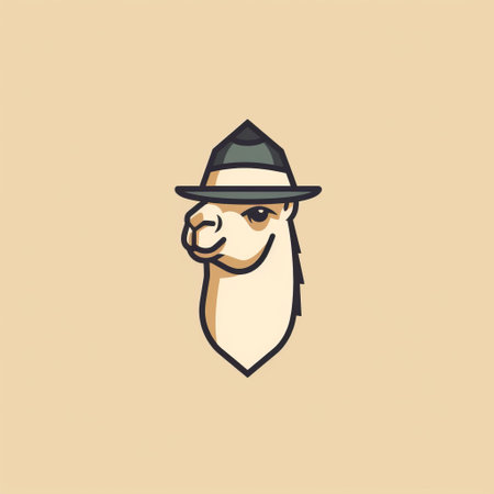 a cartoon llama, adorned in a hat and brown clothing, is depicted in a minimal retouching style. this logo design showcases high resolution and incorporates elements of security camera art and tattoo-inspired aesthetics. the llama is portrayed in both low resolution and a color palette of light beige and emerald. ai generatedの素材