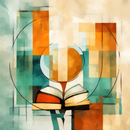 an abstract cubism-style illustration of a book enclosed in a glass container. the artwork showcases circular abstraction with a blend of light cyan and amber hues. it depicts psychological phenomena through captivating illustrations on large canvases. this unique piece would make a great addition to any study place, with its symmetrical balance and thought-provoking imagery. ai generatedの素材