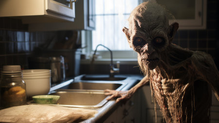 an actor's horror vision captured in a tabletop photograph, showcasing intricate character design. the image, taken with a zeiss batis 18mm f2.8 lens by photographer rick guidice, features captivating hybrid creature compositions. the shallow depth of field adds an eerie atmosphere to this unique cottagepunk-inspired scene. ai generatedの素材