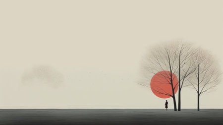 an illustration of a person walking across a field with trees, in the style of minimalistic japanese art. the image features a light bronze and red color palette, with dimensions of 3840x2160. created by andreas levers, this artwork showcases the beauty of romantic riverscapes through an oriental minimalism approach, with a layered composition. ai generatedの素材