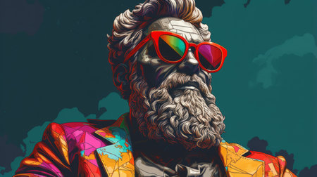 a graphic design concept art featuring a man of art in a cartoons style. this high-definition image showcases the artist's talent with pop art-inspired colors and imagery, realistic hyper-detailed portraits, accurate topography, and saturated colorism. the artwork combines elements of neo-geo and mesopotamian art, resulting in a visually stunning 8k 3d masterpiece. ai generatedの素材