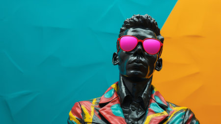 a man in sunglasses stands out in a colorful jacket, showcasing a vibrant figuration style reminiscent of zbrush. the jacket, made of rubber, adds an interesting texture to the overall look. his unique style draws inspiration from maranao art, with bold colorism and a specialization in object portraiture. the vibrant stage backdrops further enhance the visual impact of the photo. ai generatedの素材