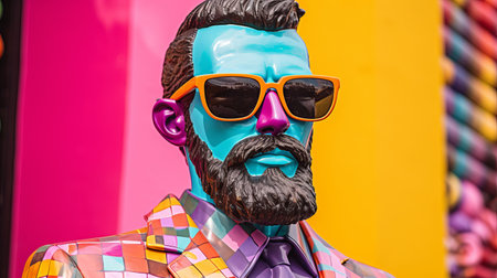 an actor in a suit and colorful sunglasses holding a bouquet, in the style of abstract colorist sculptor. the image showcases colorful geometrics, realistic lifelike figures, and bold, pop art-inspired ing. the actor's outfit is made of rubber, adding a unique touch. with selective focus and vibrant, neon colors, this photo is visually striking. ai generatedの素材