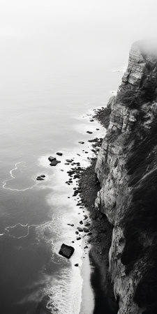 a photographer gazes at a minimalist black and white image of a fog-filled shore. the aerial abstractions capture the essence of traditional british landscapes, with dramatic diagonals and organic formations. the multilayered realism and realist detail add depth to the photograph, creating a captivating visual experience. ai generatedの素材
