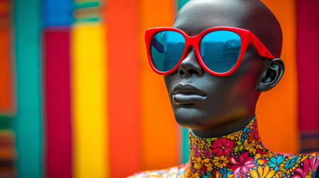 african women of different ethnicities are captured in this photo, showcasing a shiny kitsch pop art carnival of consumerism. the selective focus highlights colorful installations in dark red and light azure. the women are depicted in a sculpted, optical style, exuding a vibrant flower power aesthetic. ai generatedの素材