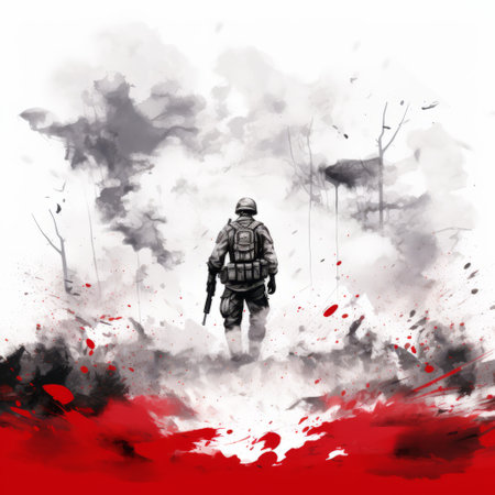 a veterans day themed image featuring a minimalist ink drawing style by tsutomu nihei. the artwork showcases a vanishing point on white paper, with dynamic one line art. watercolor splashes are incorporated as complementary elements, adding a touch of vibrancy. this high-quality, 4k image captures intricate details, making it visually captivating. ai generatedの素材
