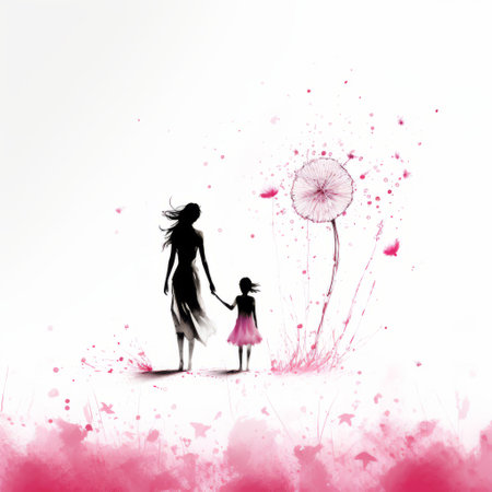 mother's day themed minimalist ink drawing by tsutomu nihei. this dynamic one line art features a vanishing point on white paper, with watercolor splashes adding complementary elements. the high details and 4k resolution make this image a high-quality choice for any mother's day celebration. ai generatedの素材