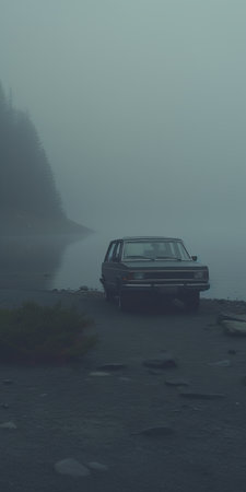 an oldtimey car is parked in water, creating a hazy landscape reminiscent of whistlerian art. this 8k photograph captures the dark and gritty atmosphere, with a touch of adventure-themed soft mist. the composition is inspired by the works of range murata, merging vintage aesthetics with a sense of mystery and exploration. ai generatedの素材