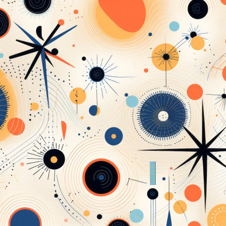 a vibrant mid-century inspired geometric design featuring circles, stars, and stripes. this colorful turbulence of light orange and dark blue creates a visually captivating composition. the scientific illustrations showcase dotted and elongated shapes against sparse backgrounds, adding an intriguing element to the overall aesthetic. ai generatedの素材