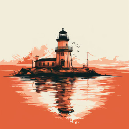 lighthouse at dusk painting, isolated on white. this vintage graphic design by martin rak showcases a stunning blend of light black and orange hues. the detailed illustrations capture luminous reflections on the water, while the use of stencil art adds a unique touch. the color palette features light red and cyan tones, creating a captivating visual experience. ai generatedの素材