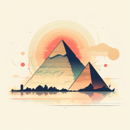 the photo captures the majestic pyramids at sunset, surrounded by serene seas. it showcases a unique blend of memphis design, double exposure, and gothic illustration. the juxtaposition of light and shadow creates a captivating effect, enhanced by faded palates and intricate reflections. ai generatedの素材