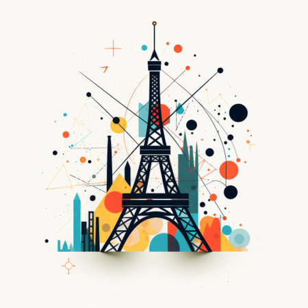 a vibrant map illustration of paris showcasing the iconic eiffel tower and modern buildings. created in a unique style of colorful geometric abstractions, this artwork also incorporates negative space sculptures, intricate line and dot work, and silhouette figures. the use of sketchfab, dotted patterns, and iconic landmarks adds depth and character to this captivating piece. ai generatedの素材