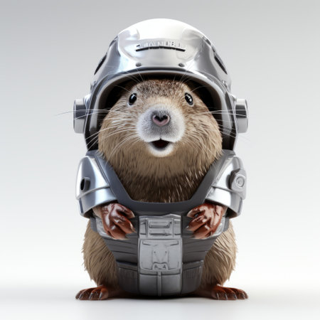 a cute rat with arms out and a helmet is featured in this hyper-realistic sci-fi style photograph. the image, reminiscent of imax and national geographic, showcases the rat in a bulbous, uniformly staged setting. this commissioned photo captures a groovy and unique perspective on the adorable rodent. ai generatedの素材